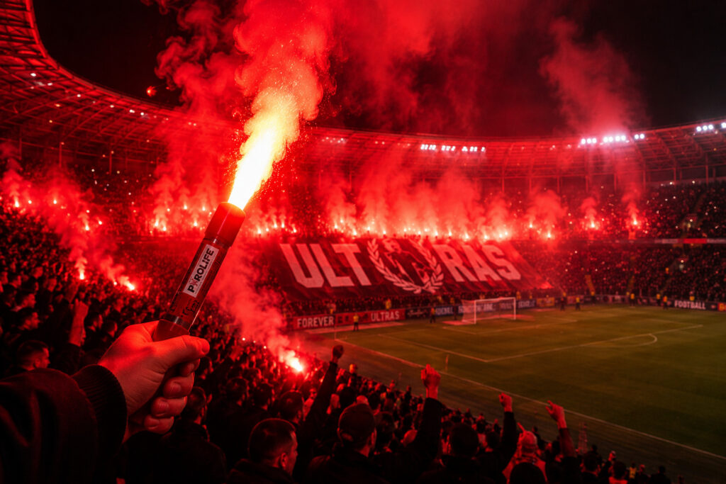 Race stadionowe podczas oprawy kibicowskiej na stadionie piłkarskim