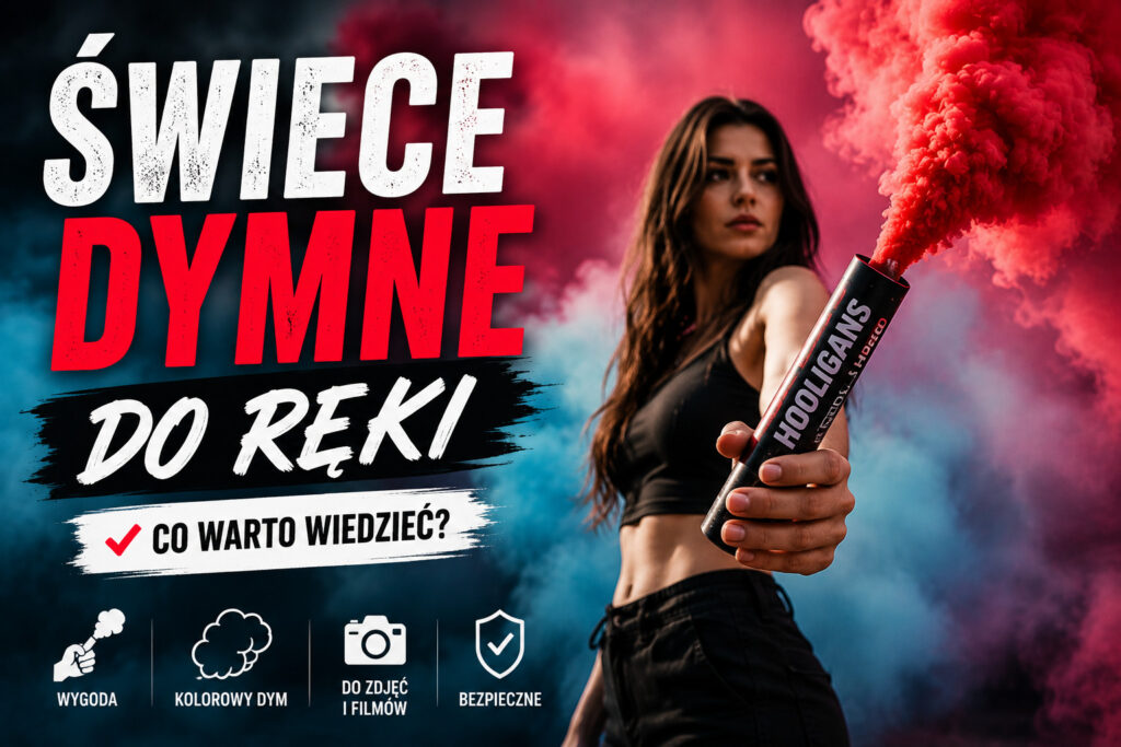 Świeca dymna do ręki Hooligans HDP60 emitująca czerwony dym podczas sesji fotograficznej w plenerze