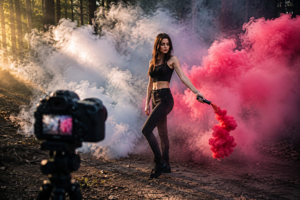 Sesja fotograficzna z wykorzystaniem świecy dymnej do ręki i różowego dymu w plenerze