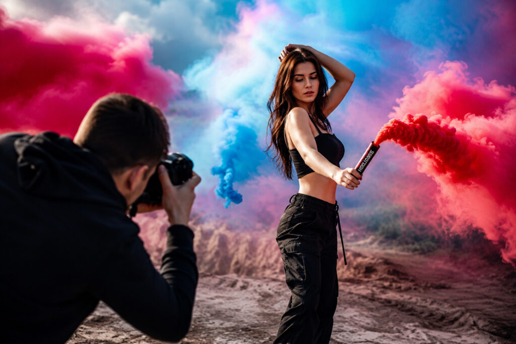 Kolorowe świece dymne podczas profesjonalnej sesji fotograficznej w plenerze