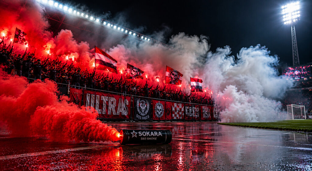 Świece dymne na stadion podczas oprawy kibicowskiej z czerwonym i białym dymem