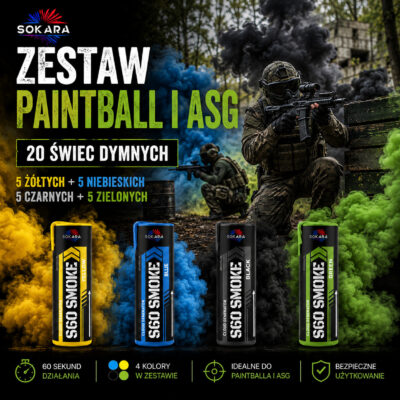 Zestaw Paintball i ASG świec dymnych Sokara 20 sztuk z żółtym, niebieskim, czarnym i zielonym dymem do rozgrywek taktycznych
