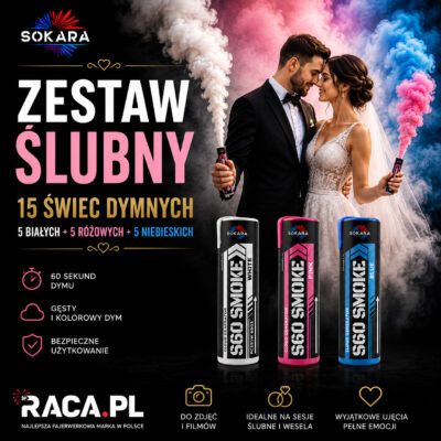 Zestaw ślubny świec dymnych Sokara 15 sztuk z białym różowym i niebieskim dymem do sesji ślubnych
