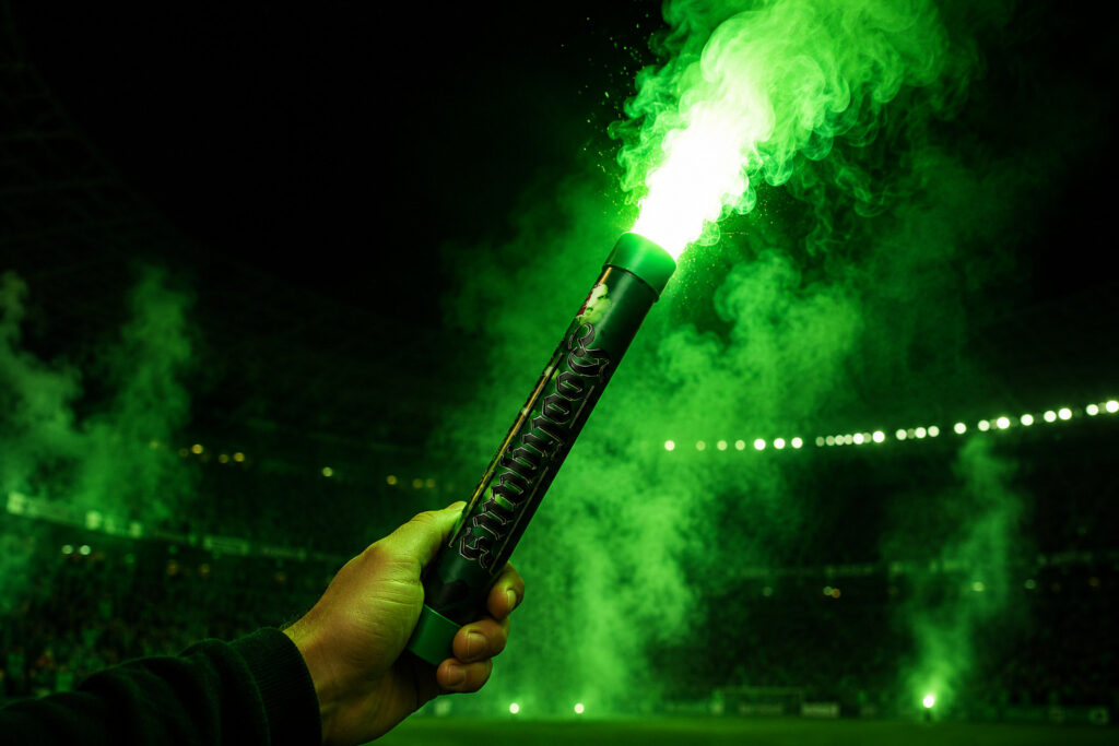 Odpalona zielona flara Hooligans CLE7035 Green trzymana w dłoni na stadionie nocą