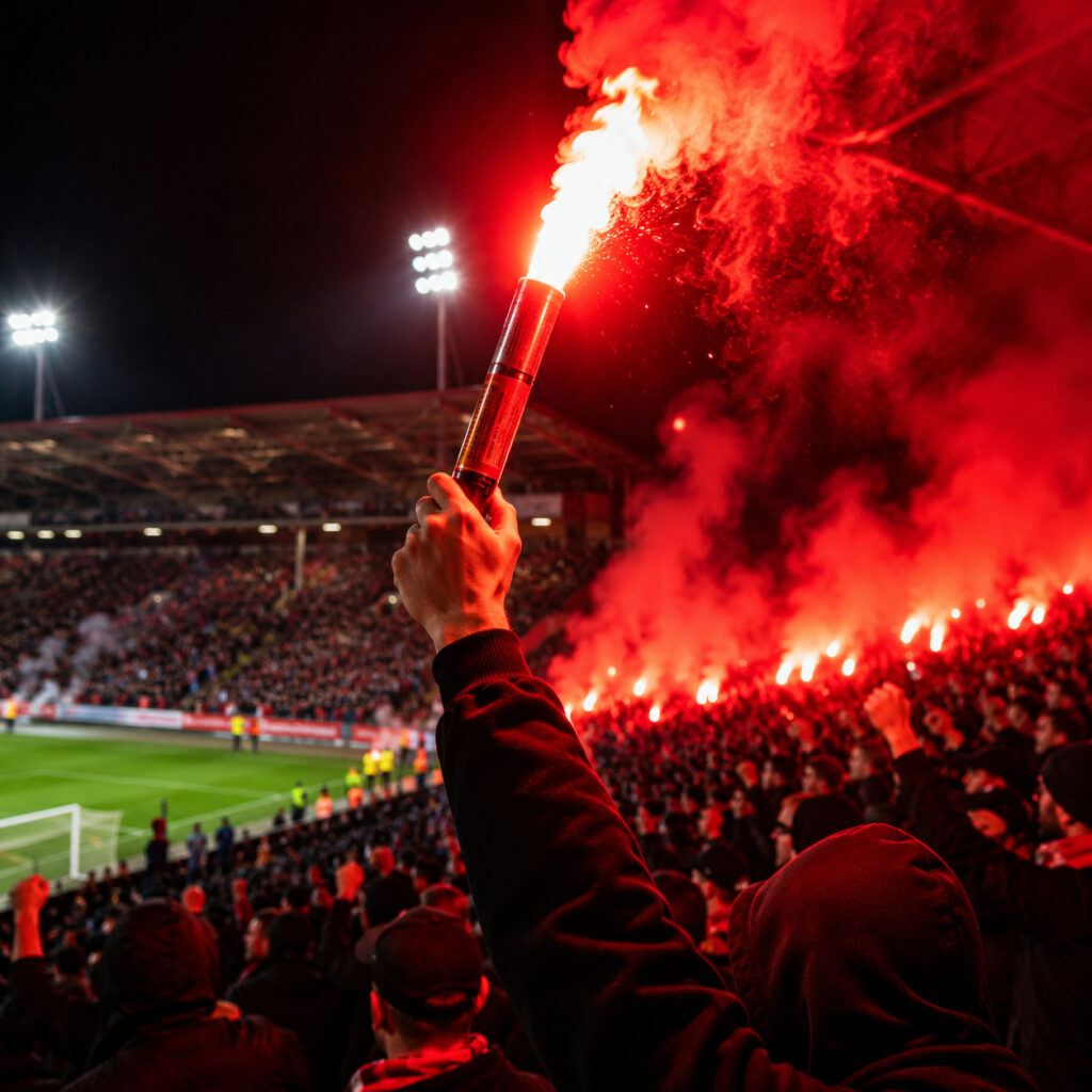 Czerwona raca stadionowa podczas oprawy meczowej na trybunach